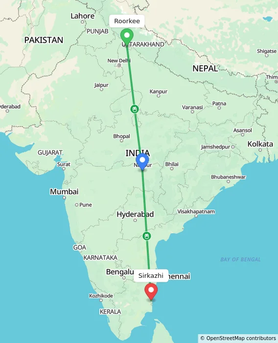 Route map showing distance and travel time from Roorkee, India to Sirkazhi, India