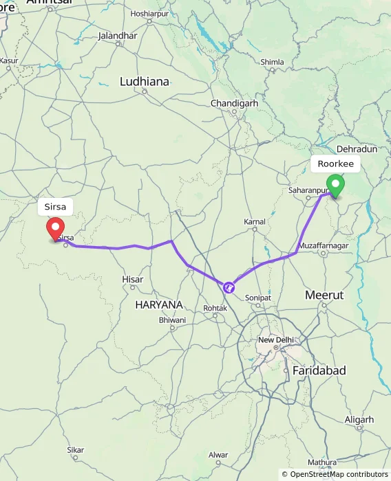 Route map showing distance and travel time from Roorkee, India to Sirsa, India