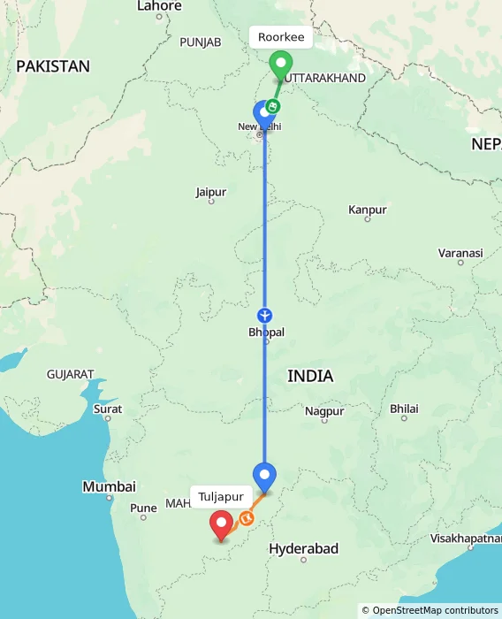 Route map showing distance and travel time from Roorkee, India to Tuljapur, India