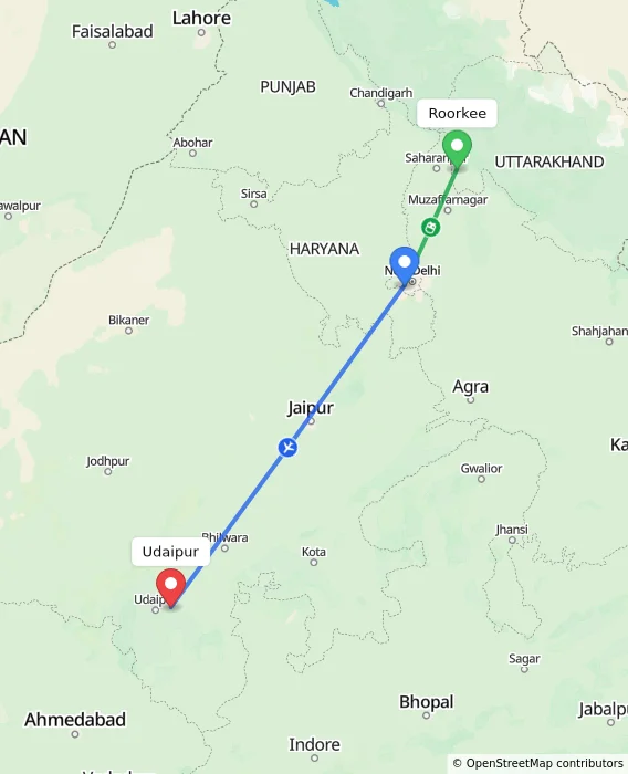 Route map showing distance and travel time from Roorkee, India to Udaipur, India