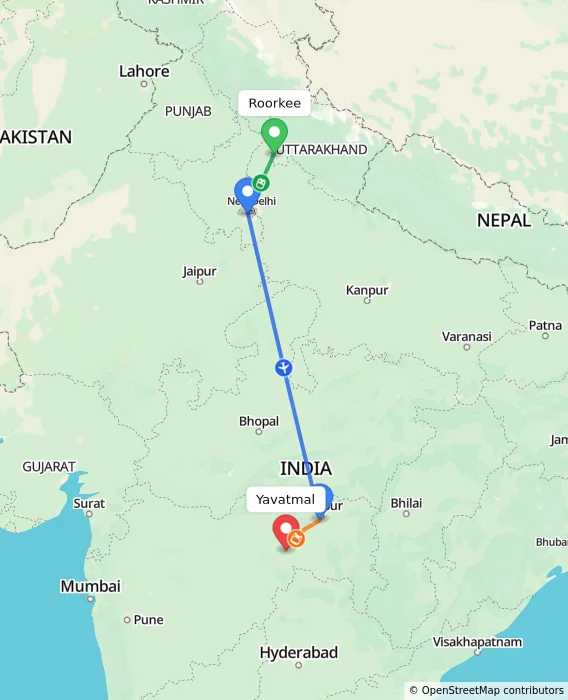 Route map showing distance and travel time from Roorkee, India to Yavatmal, India