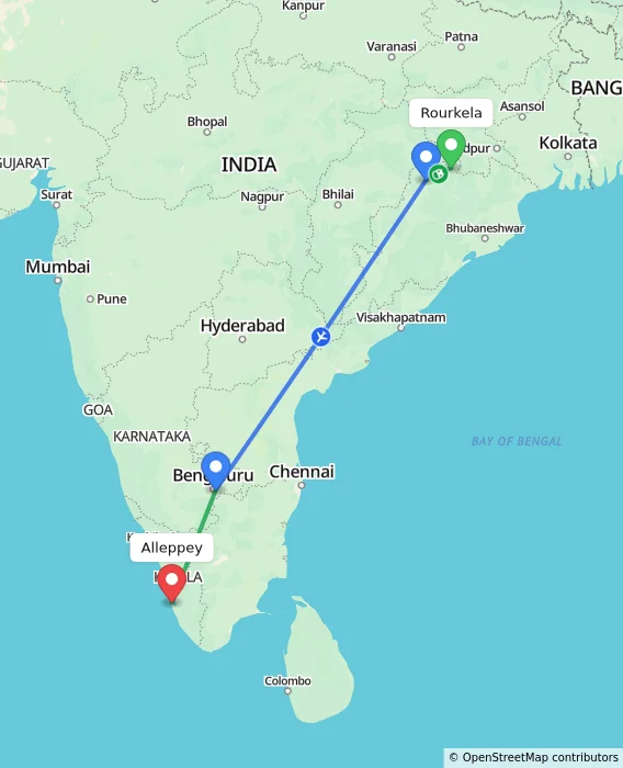 Route map showing distance and travel time from Rourkela, India to Alappuzha, India