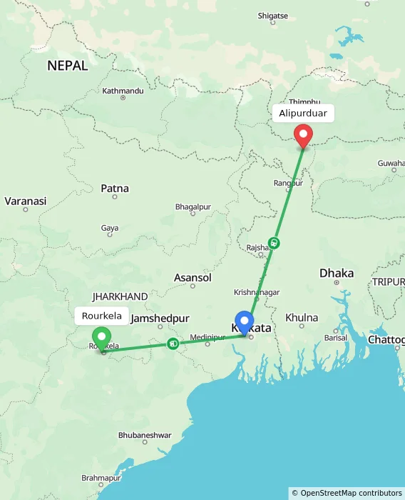 Route map showing distance and travel time from Rourkela, India to Alipurduar, India