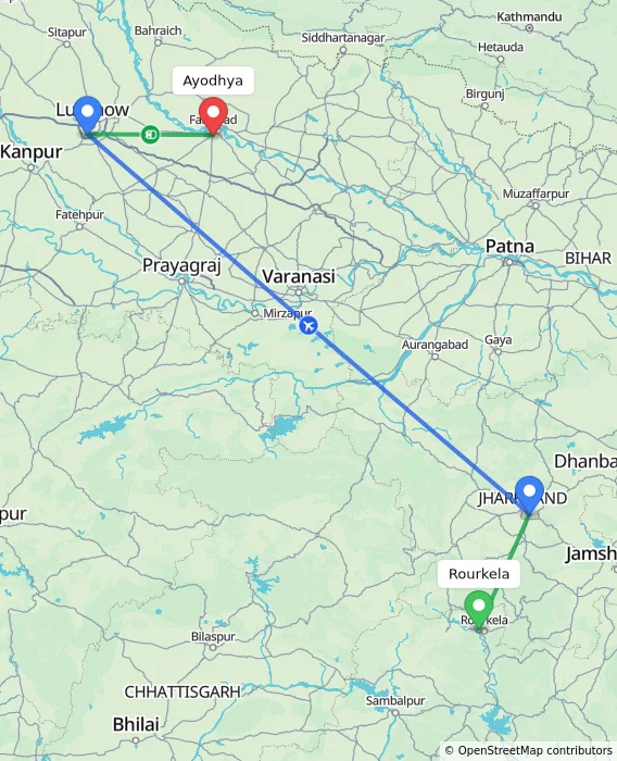 Route map showing distance and travel time from Rourkela, India to Ayodhya, India