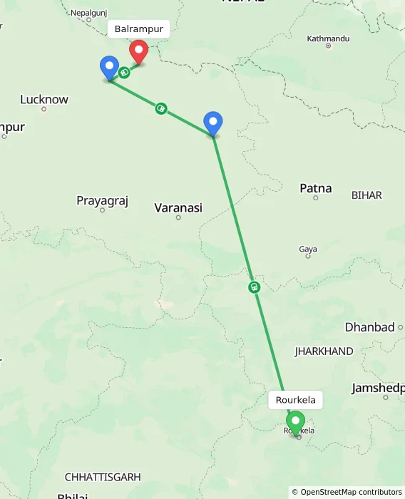 Route map showing distance and travel time from Rourkela, India to Balrampur, India