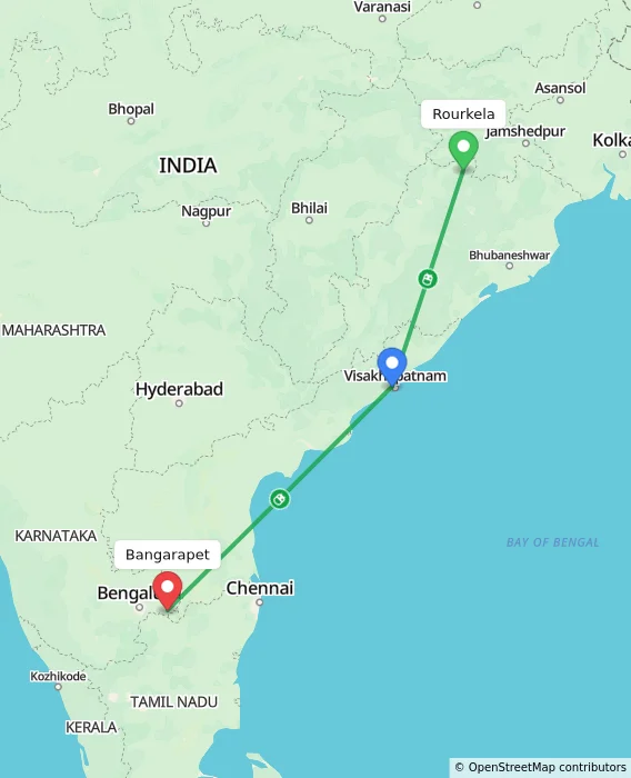 Route map showing distance and travel time from Rourkela, India to Bangarapet, India