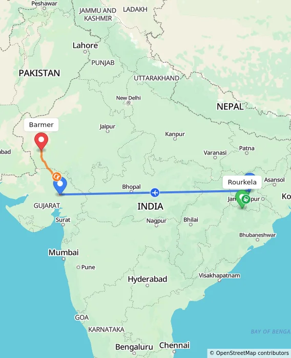 Route map showing distance and travel time from Rourkela, India to Barmer, India