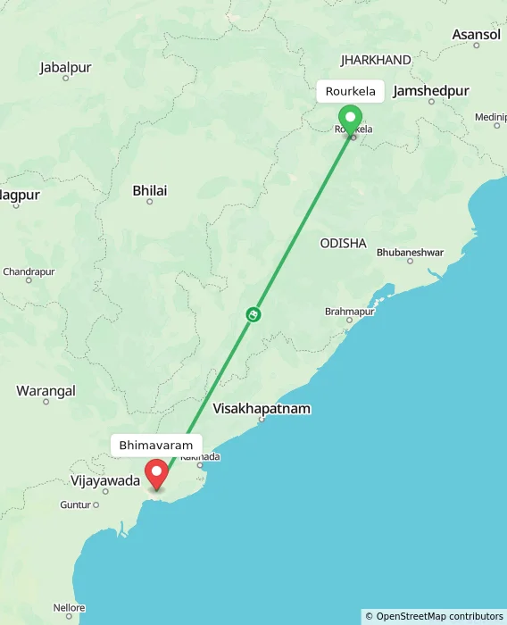 Route map showing distance and travel time from Rourkela, India to Bhimavaram, India
