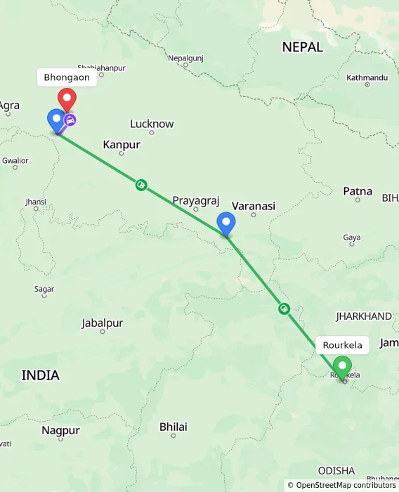 Route map showing distance and travel time from Rourkela, India to Bhongaon, India