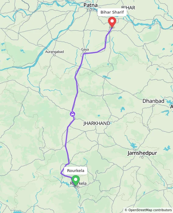 Route map showing distance and travel time from Rourkela, India to Bihar Sharif, India