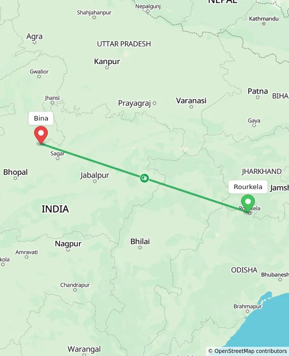 Route map showing distance and travel time from Rourkela, India to Bina, India