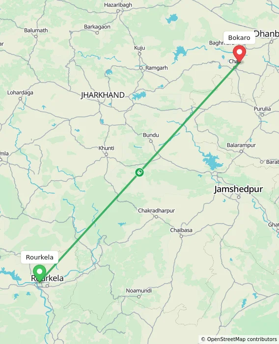 Route map showing distance and travel time from Rourkela, India to Bokaro, India