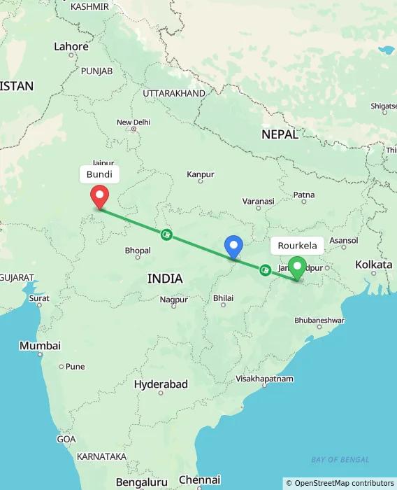 Route map showing distance and travel time from Rourkela, India to Bundi, India