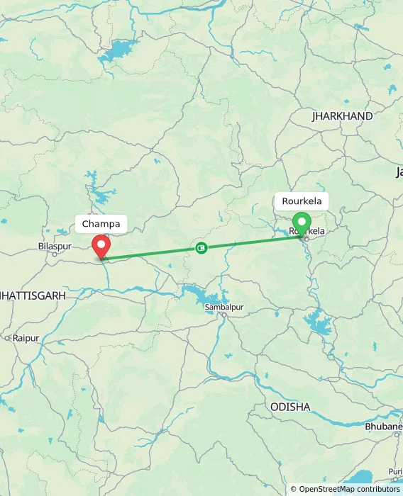 Route map showing distance and travel time from Rourkela, India to Champa, India
