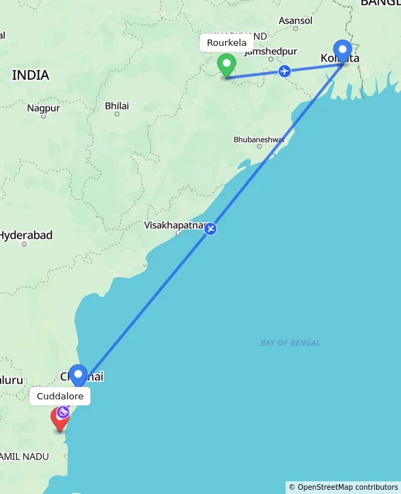 Route map showing distance and travel time from Rourkela, India to Cuddalore, India