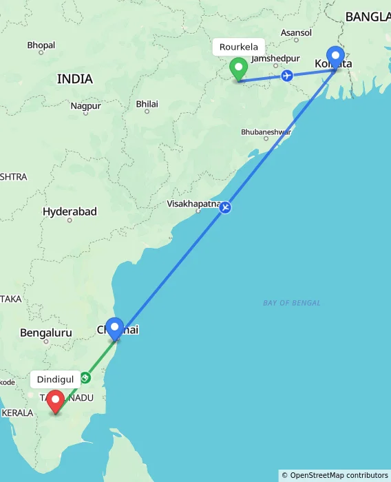 Route map showing distance and travel time from Rourkela, India to Dindigul, India