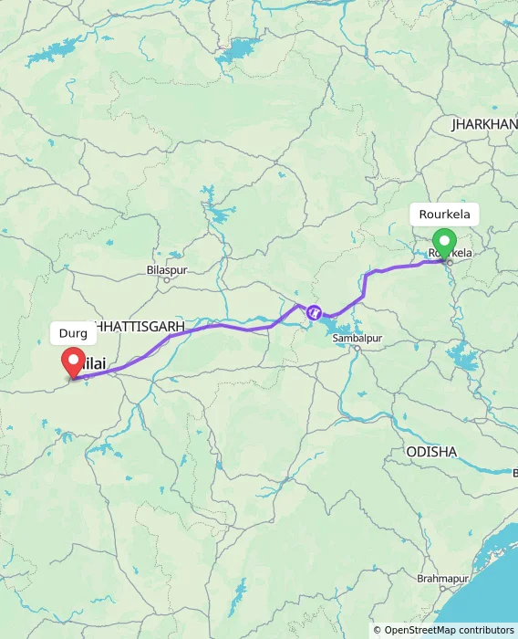 Route map showing distance and travel time from Rourkela, India to Durg, India