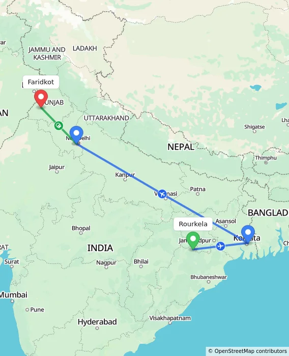 Route map showing distance and travel time from Rourkela, India to Faridkot, India