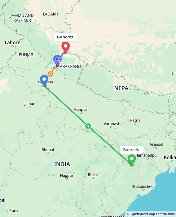 Route map showing distance and travel time from Rourkela, India to Gangotri, India