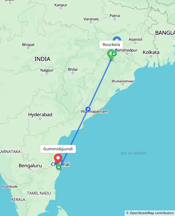 Route map showing distance and travel time from Rourkela, India to Gummidipundi, India