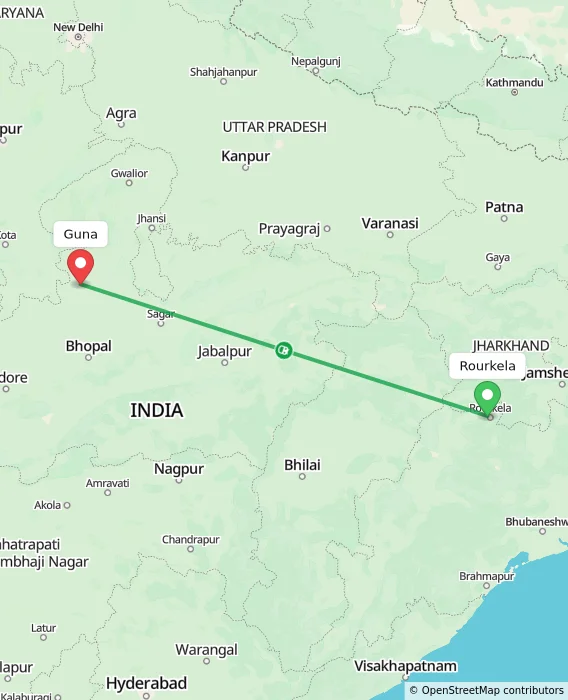 Route map showing distance and travel time from Rourkela, India to Guna, India