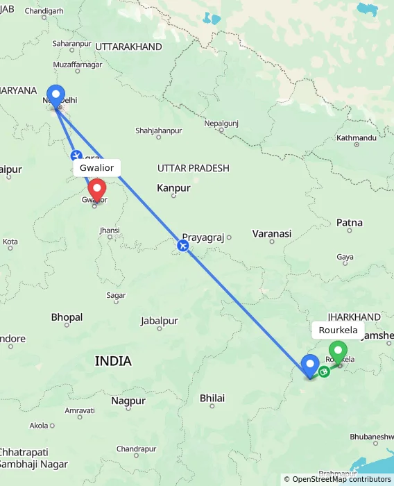 Route map showing distance and travel time from Rourkela, India to Gwalior, India