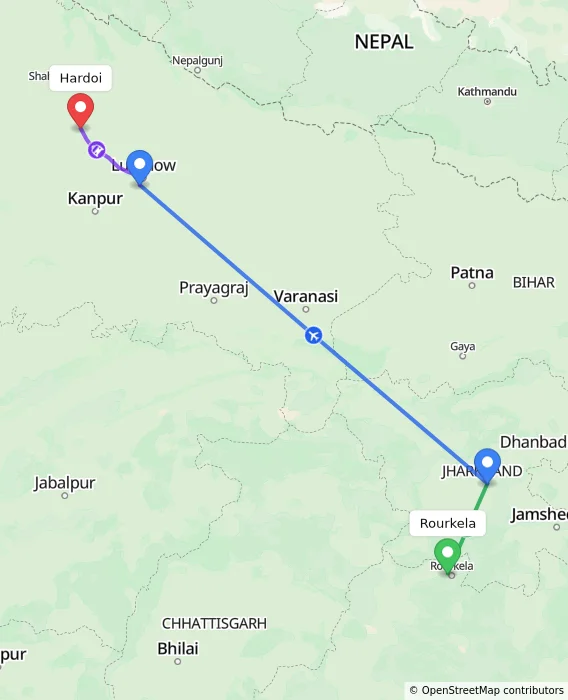 Route map showing distance and travel time from Rourkela, India to Hardoi, India