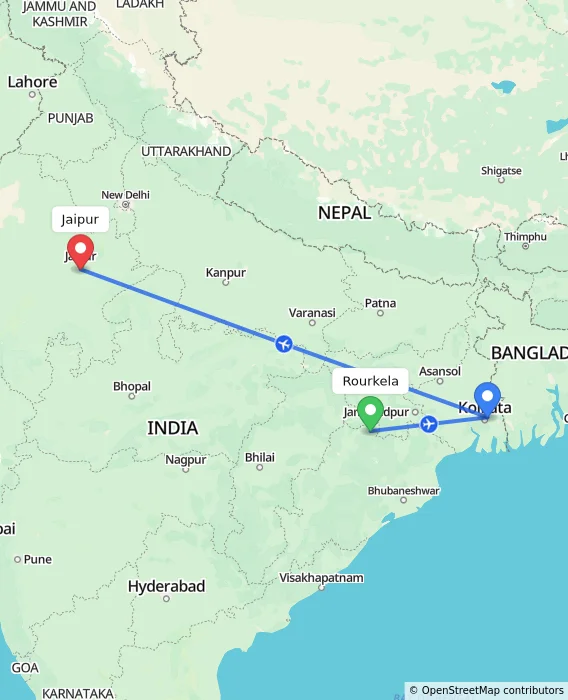 Route map showing distance and travel time from Rourkela, India to Jaipur, India