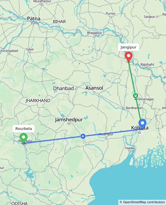 Route map showing distance and travel time from Rourkela, India to Jangipur, India