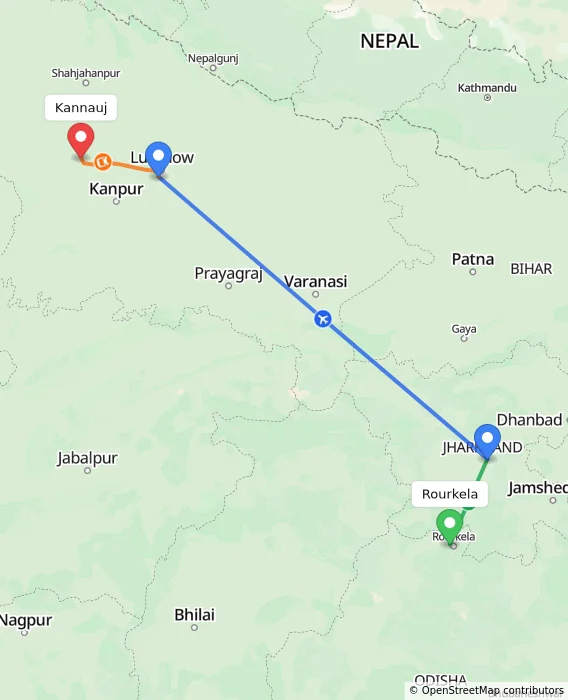 Route map showing distance and travel time from Rourkela, India to Kannauj, India