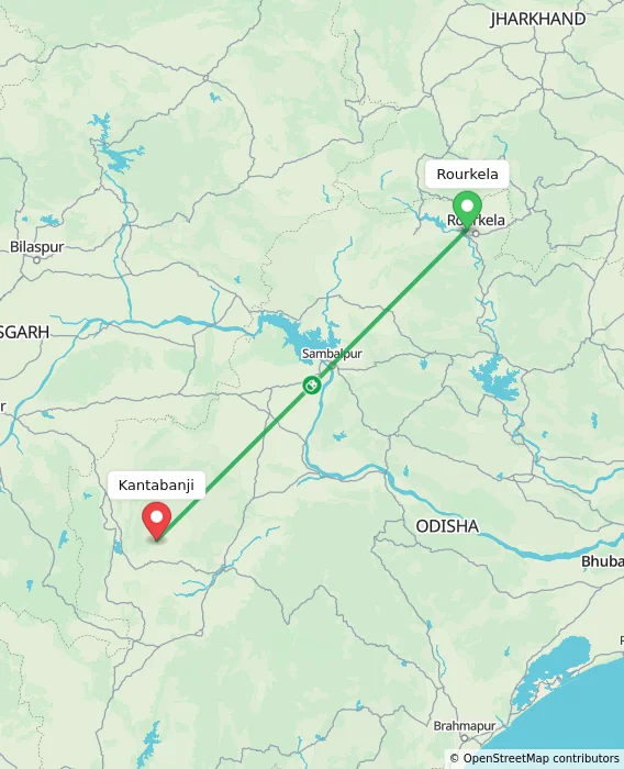 Route map showing distance and travel time from Rourkela, India to Kantabanji, India