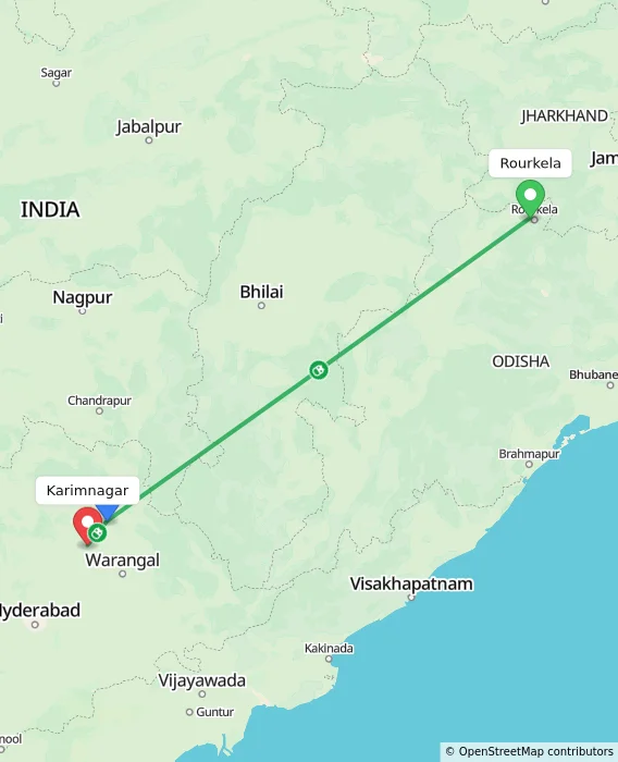 Route map showing distance and travel time from Rourkela, India to Karimnagar, India