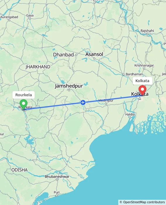 Route map showing distance and travel time from Rourkela, India to Kolkata, India