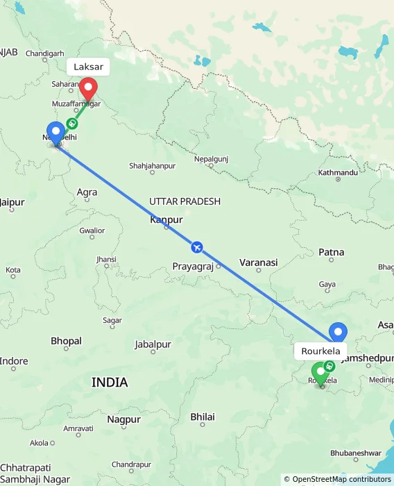 Route map showing distance and travel time from Rourkela, India to Laksar, India