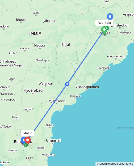 Route map showing distance and travel time from Rourkela, India to Malur, India