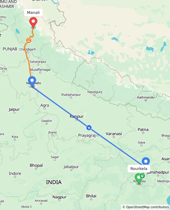 Route map showing distance and travel time from Rourkela, India to Manali, India