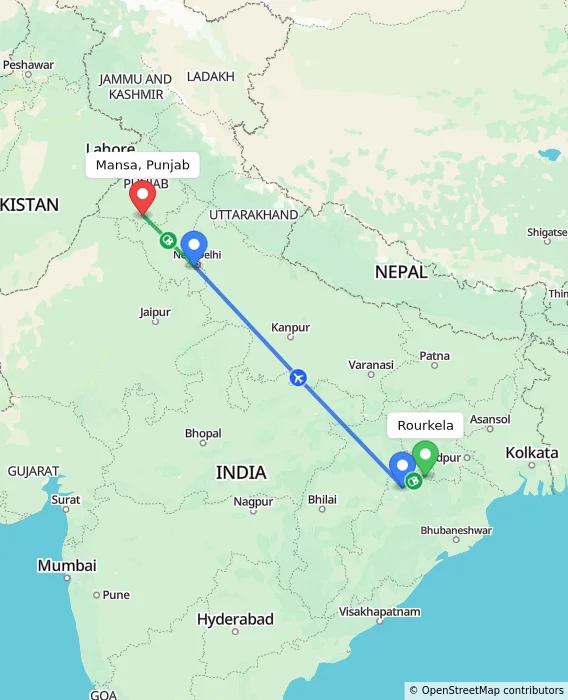 Route map showing distance and travel time from Rourkela, India to Mansa, Punjab, India