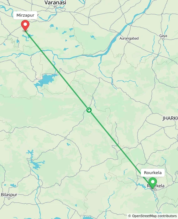 Route map showing distance and travel time from Rourkela, India to Mirzapur, India