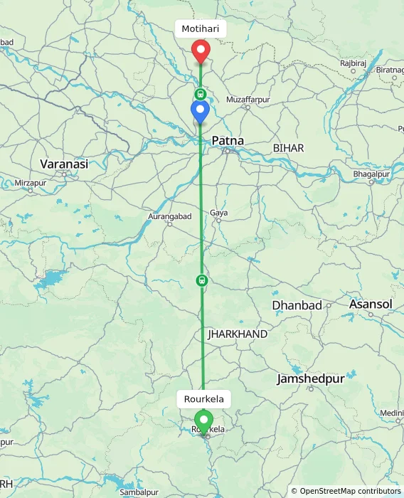 Route map showing distance and travel time from Rourkela, India to Motihari, India