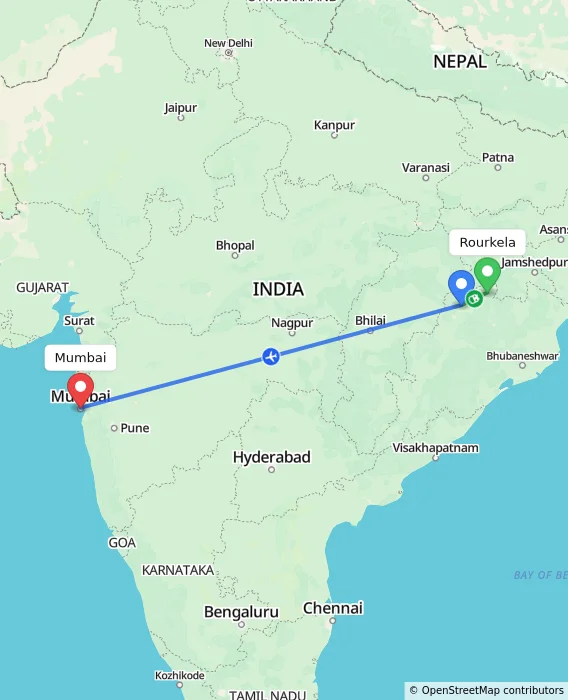 Route map showing distance and travel time from Rourkela, India to Mumbai, India