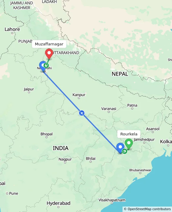 Route map showing distance and travel time from Rourkela, India to Muzaffarnagar, India