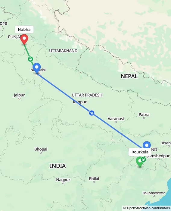 Route map showing distance and travel time from Rourkela, India to Nabha, India