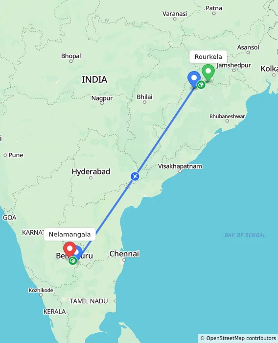 Route map showing distance and travel time from Rourkela, India to Nelamangala, India