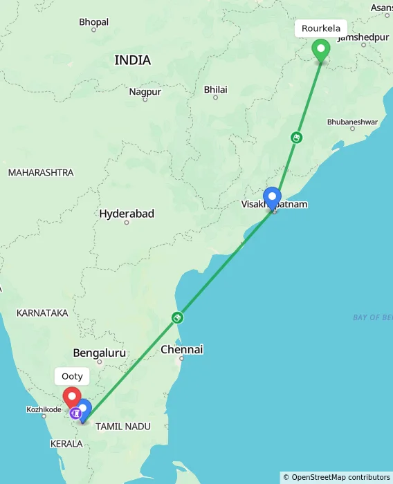 Route map showing distance and travel time from Rourkela, India to Ooty, India