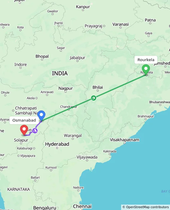 Route map showing distance and travel time from Rourkela, India to Osmanabad, India