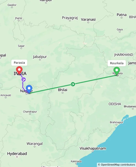 Route map showing distance and travel time from Rourkela, India to Parasia, India