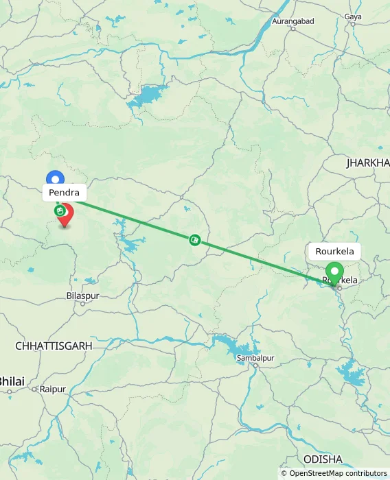 Route map showing distance and travel time from Rourkela, India to Pendra, India