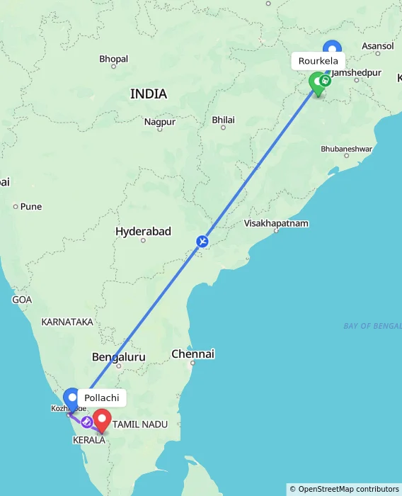 Route map showing distance and travel time from Rourkela, India to Pollachi, India