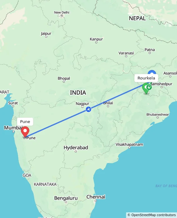 Route map showing distance and travel time from Rourkela, India to Pune, India