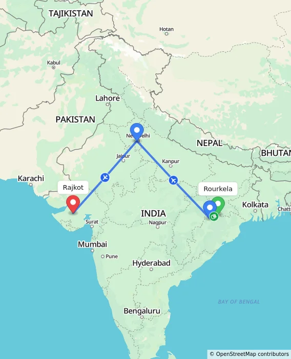 Route map showing distance and travel time from Rourkela, India to Rajkot, India